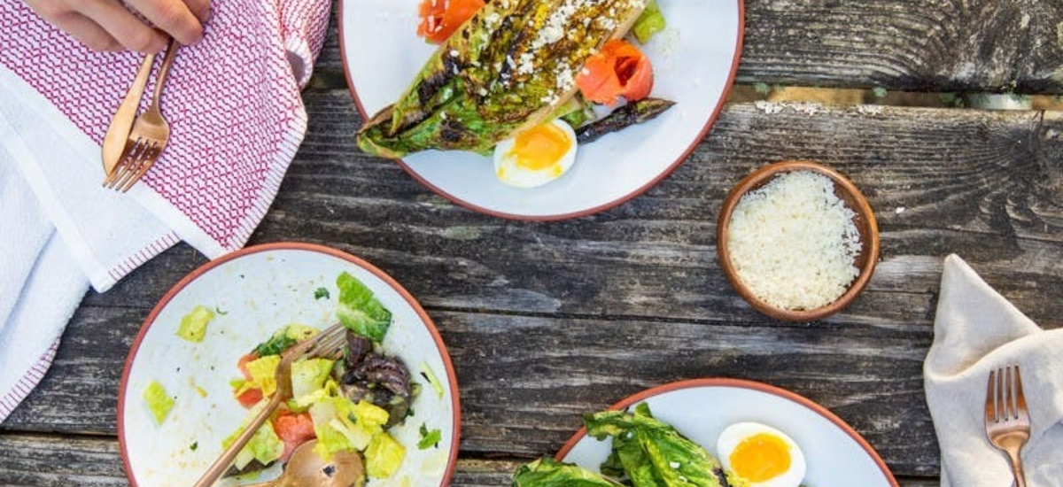 CAESAR SALAD WITH GRILLED ASPARAGUS, SOFT-BOILED EGG AND LOX